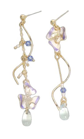 Blue Flower Earrings, Floral Dangle Earrings, Clip On Earrings, Asymmetric Mismatch Earrings, Blue Bead and Gold Dangle Earrings