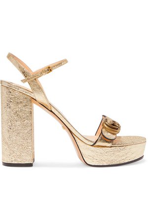 Gucci | Marmont logo-embellished metallic cracked-leather platform sandals | NET-A-PORTER.COM