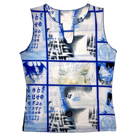 blue all over print graphic anime tank top