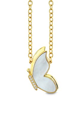 14k Yellow Gold Stone Inlay Flying Butterfly Necklace By Sydney Evan