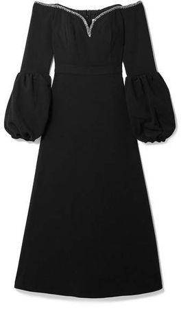 Off-the-shoulder Embellished Crepe Midi Dress - Black