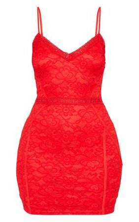 Red Lace Embroidered Trim Bodycon Dress | PrettyLittleThing