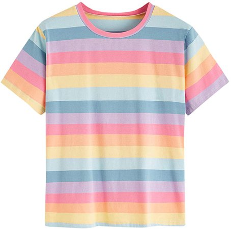 SweatyRocks Women's Casual Short Sleeve Round Neck Rainbow Striped Tee Shirt Top Multicolor M at Amazon Women’s Clothing store