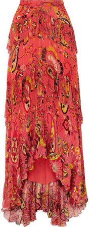 Asymmetric Ruffled Printed Silk-crepon Maxi Skirt - Red