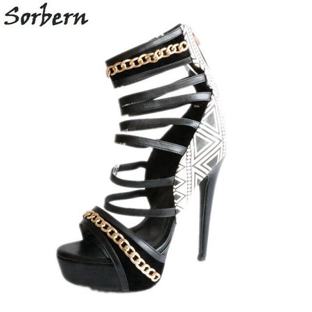 Sorbern White And Black Chains Gladitor Style Sandals For Women High Heel Shoes Ladies Platform High Heels Back Zipper Sandals|High Heels| - AliExpress