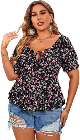 SOLY HUX Women's Plus Size Floral Print Tie Front Flounce Short Sleeve Peplum Ruffle Blouse Top Multicoloured 3XL at Amazon Women’s Clothing store