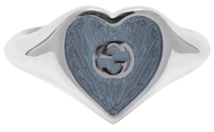 GUCCI Silver & Blue Interlocking G Heart Ring