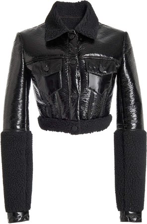 David Koma Shearling-Trimmed Patent Leather Cropped Jacket