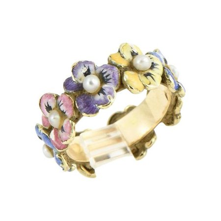 19th Century Victorian Enamel & Seed Pearl Pansy Gold Band Ring