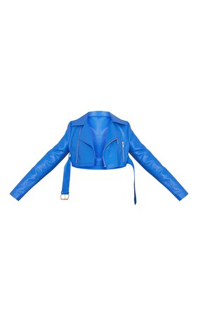 Blue Pu Super Cropped Belted Biker Jacket | PrettyLittleThing USA