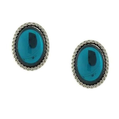 Silver-Tone Blue Oval Button Earrings