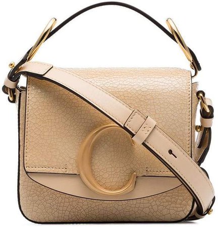 beige C ring mini cracked-leather shoulder bag