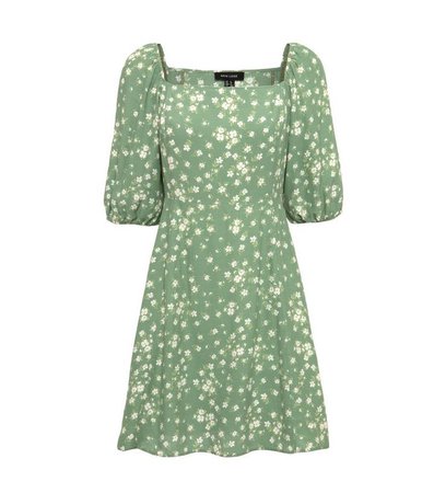 Green Floral Square Neck Puff Sleeve Dress | New Look