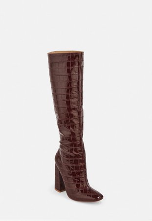 Burgundy Croc Calf Height Heeled Boots