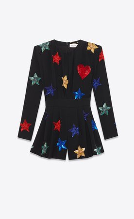 Saint Laurent ‎Jumpsuit In Sablé Fabric With Embroidered Stars And Hearts ‎ | YSL.com