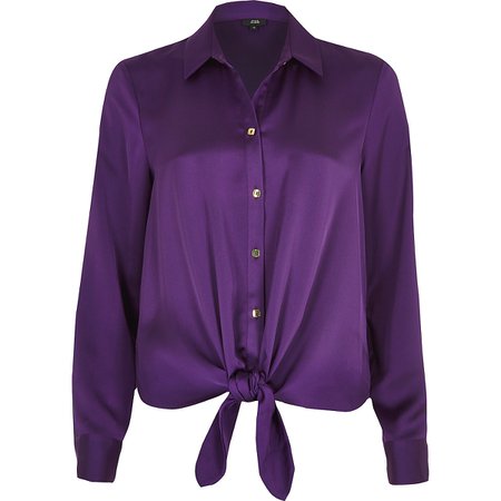 Purple tie front button-up shirt - Shirts - Tops - women