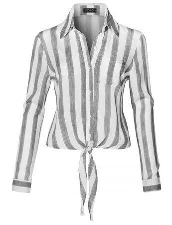 Long Sleeve Button Down Striped Crinkled Self Tie Blouse Shirt | LE3NO white grey