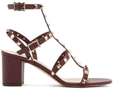 Rockstud Block Heel Leather Sandals - Womens - Burgundy