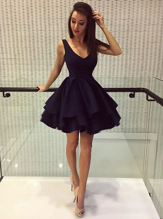 A-Line Deep V-Neck Short Black Satin Homecoming Dress with Ruffles - Dressystar.com