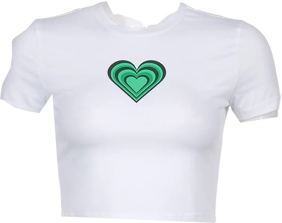Sweetown Green Heart Print Cute New Graphic T Shirts Women O Neck Short Sleeve Baby Tee Casual White Summer Crop Tops Harajuku