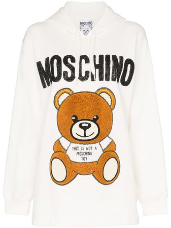 White Moschino Bear Logo Bead Embellished Cotton Hoodie | Farfetch.com