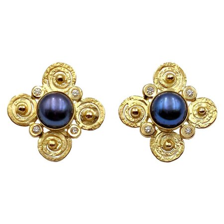 Black Pearl Tahiti Diamonds 14K Gold Contemporary Modern Earrings For Sale at 1stDibs