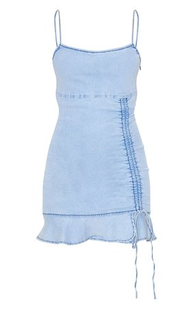 Light Blue Wash Ruched Hem Denim Dress | PrettyLittleThing USA