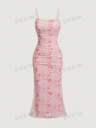 SHEIN MOD Floral Print Ruched Lettuce Trim Mesh Slim Fit Valentine Day Pink Cami Dress | SHEIN
