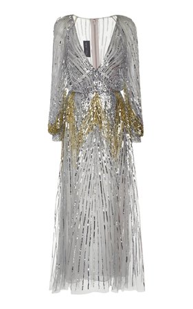 Embellished Chiffon Long Sleeve V-Neck Dress by Monique Lhuillier | Moda Operandi