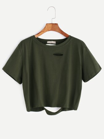 Army Green Ripped Crop T-shirt | ROMWE