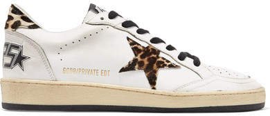 Ball Star Leopard-print Calf Hair And Leather Sneakers - White