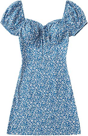 WDIRARA Women's Floral Print Tie Front Puff Short Sleeve Sweetheart Neck Dress at Amazon Women’s Clothing store