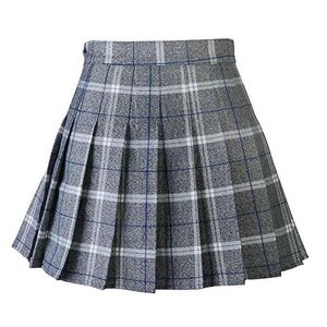 High waist plaid pleated grey blue skirt