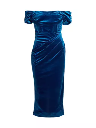 Shop Line & Dot Du Jour Velvet Off-The-Shoulder Midi-Dress | Saks Fifth Avenue