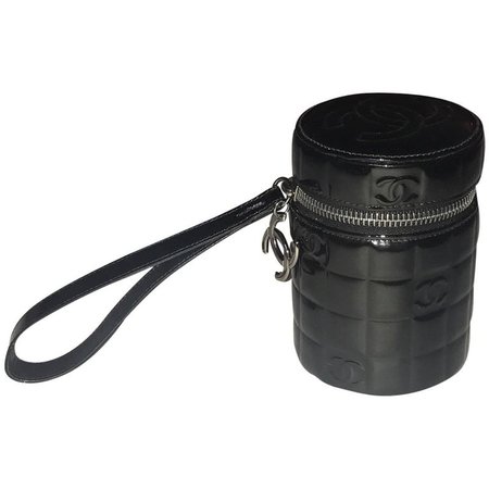 Chanel Black Patent Leather Quilted CC Logo Cylinder Canister Wristlet Clutch For Sale at 1stdibs