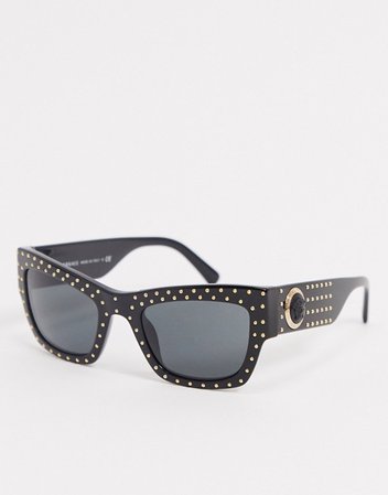 Versace retro square sunglasses in black with gold stud detail | ASOS