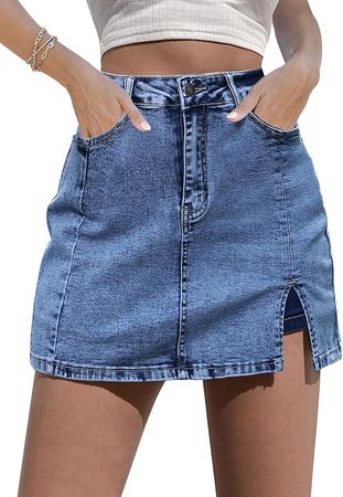 luvamia Skorts Skirts for Women Denim Mini Skirt Side Slit with High Wasited Jean Shorts Stretchy Jean Shorts Womens High Waisted Jean Skirt Bay Blue Size Xx-Large Size 20 Size 22 at Amazon Women’s Clothing store
