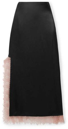Lace-trimmed Satin Midi Skirt - Black