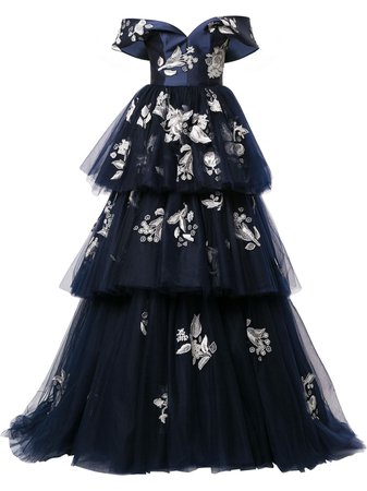 Shop blue & white Carolina Herrera tiered floral-lace gown with Express Delivery - Farfetch