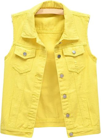 CHARTOU Women's Ripped Lapel Collar Button Up Sleeveless Frayed Denim Vest Jacket (Large, Yellow) at Amazon Women's Coats Shop