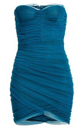 Lavish Alice Ruched Bandeau Strapless Mesh Cocktail Dress | blue