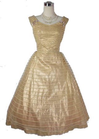 SOLD! 1950s Vintage Gold Lame Tulle Party Dress w/ Rhinestone Brooches – Vintage Blue Moon