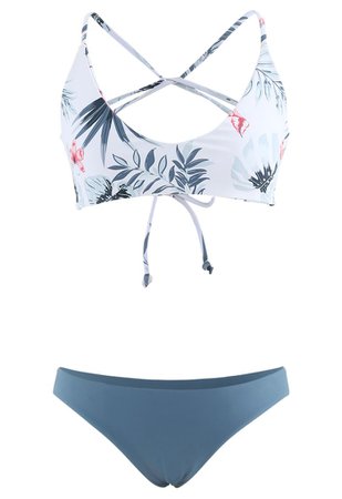 Leaf Print Open Back Bikini Set in Blue - Retro, Indie and Unique Fashion