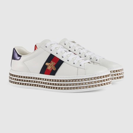 White Leather Ace Sneaker With Crystals | GUCCI® US