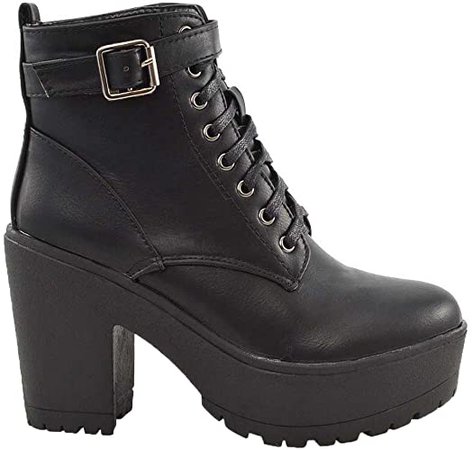 Amazon.com | ESSEX GLAM Womens Synthetic Chunky Platform Cleated Sole Lace Up Ankle Boots (US 9, Black Synthetic Leather) | Ankle & Bootie