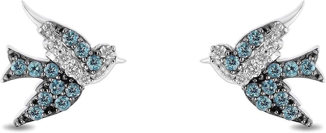 Amazon.com: Enchanted Disney Fine Jewelry Sterling Silver 1.25MM London Blue Topaz and 1/15 Cttw Natural White Round Diamonds Cinderella 70th Anniversary Blue Bird Stud Earrings: Clothing, Shoes & Jewelry