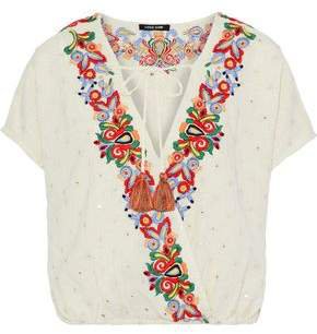 Wrap-effect Embellished Cotton And Linen-blend Blouse