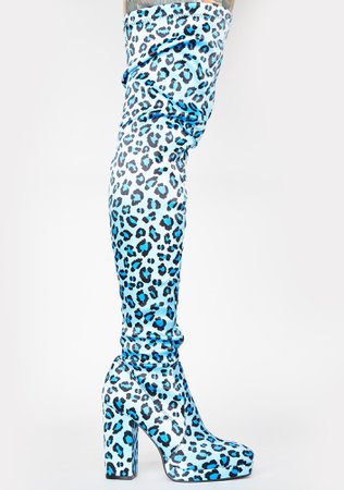 Sugar Thrillz Thigh High Block Boots Blue Leopard | Dolls Kill
