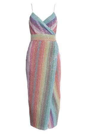 Saylor Meghan Sequin Stripe Faux Wrap Midi Dress | Nordstrom
