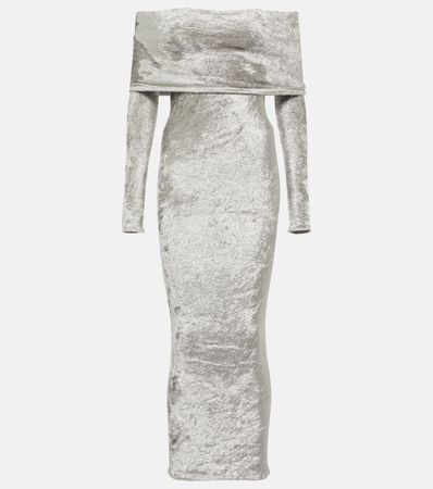Off Shoulder Velvet Midi Dress in Silver - Alaia | Mytheresa